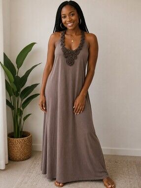 Dots Taupe Maxi Dress with Rosette Halter Detail